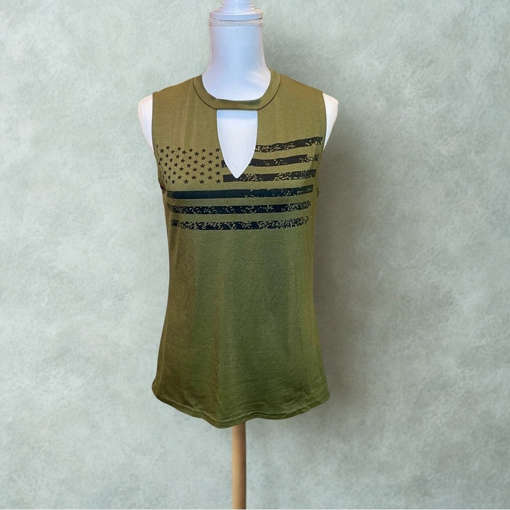 Olive Green Sleeveless Tee with Flag Design with Cutout Detail, American Pride
